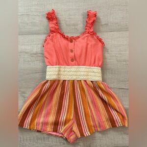 Bonnie Jean Coral and Multicolor Striped Smocked Romper Size 10